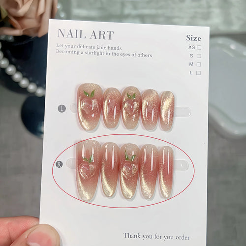 10PCS Handmade Cute 3D Peach Cat Eye Press On Nails Pink Gradient Fake Nails for Girls Reusable Long Korean Kawaii Nail Tips