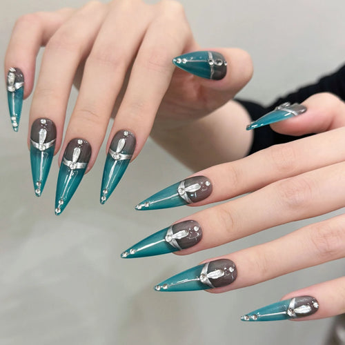10PCS Handmade False Nail Sweet Cool Hot Girl Green Metal Fake Nail Removable  Wearing Nail For girl